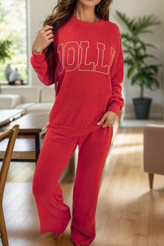 JOLLY Round Neck Long Sleeve Top and Pants Lounge Set - Clothes For Her Online Store