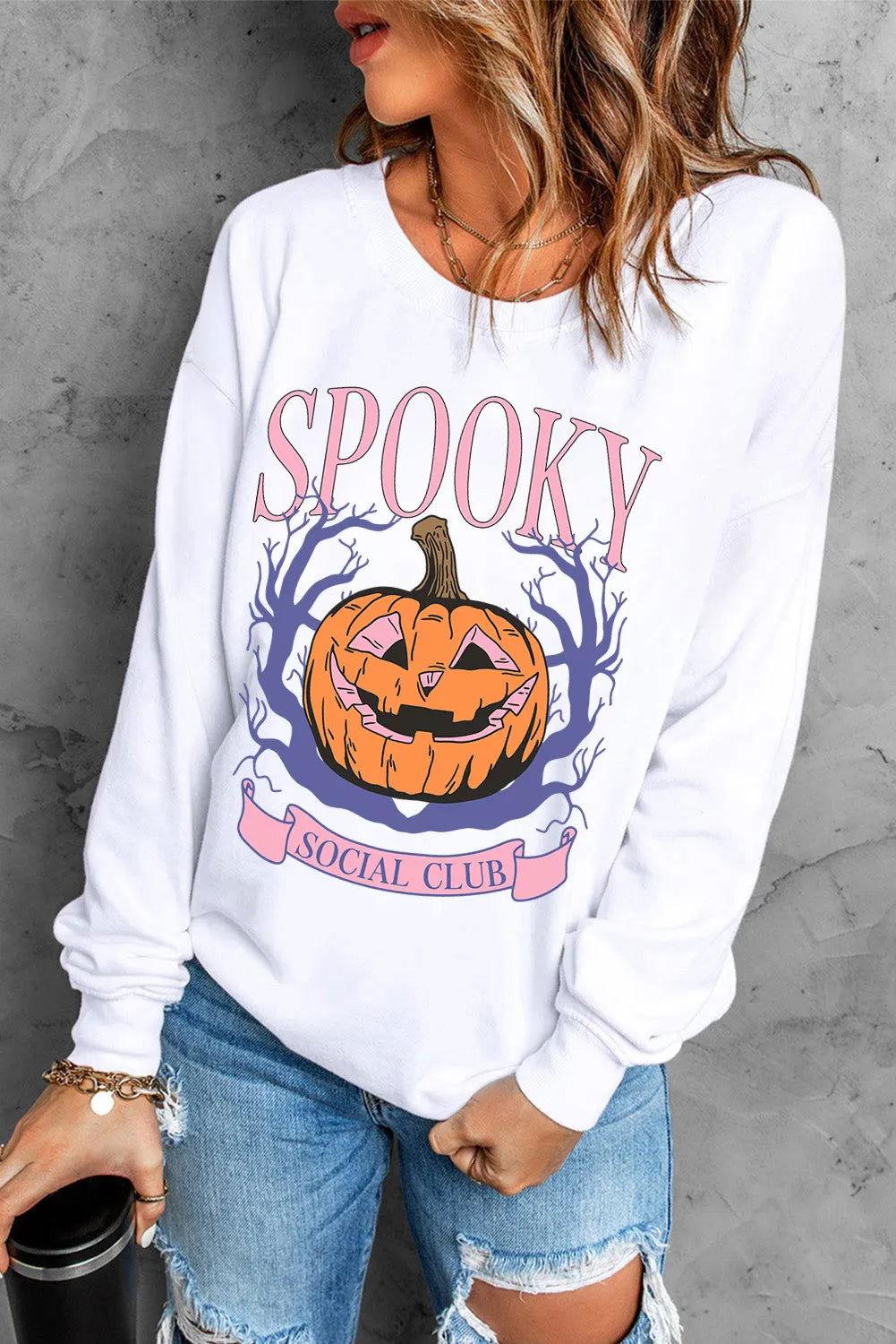 Jack-O'-Lantern Round Neck Long Sleeve Sweatshirt - Clothes For Her Online Store