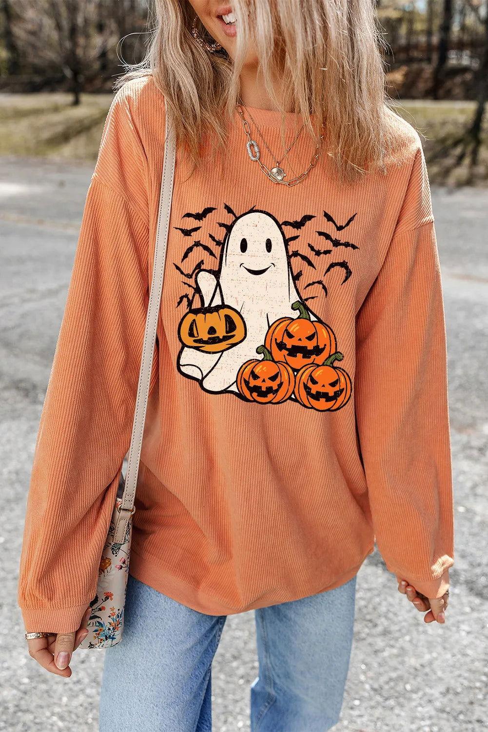 Jack-O'-Lantern Round Neck Long Sleeve Sweatshirt - Clothes For Her Online Store