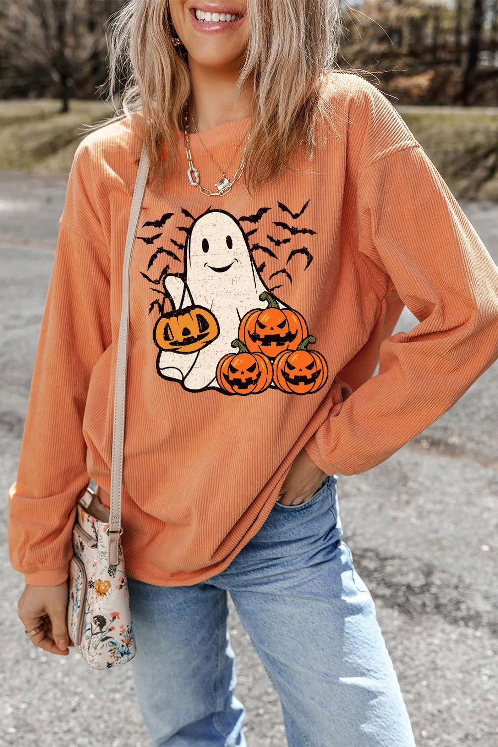 Jack-O'-Lantern Round Neck Long Sleeve Sweatshirt - Clothes For Her Online Store