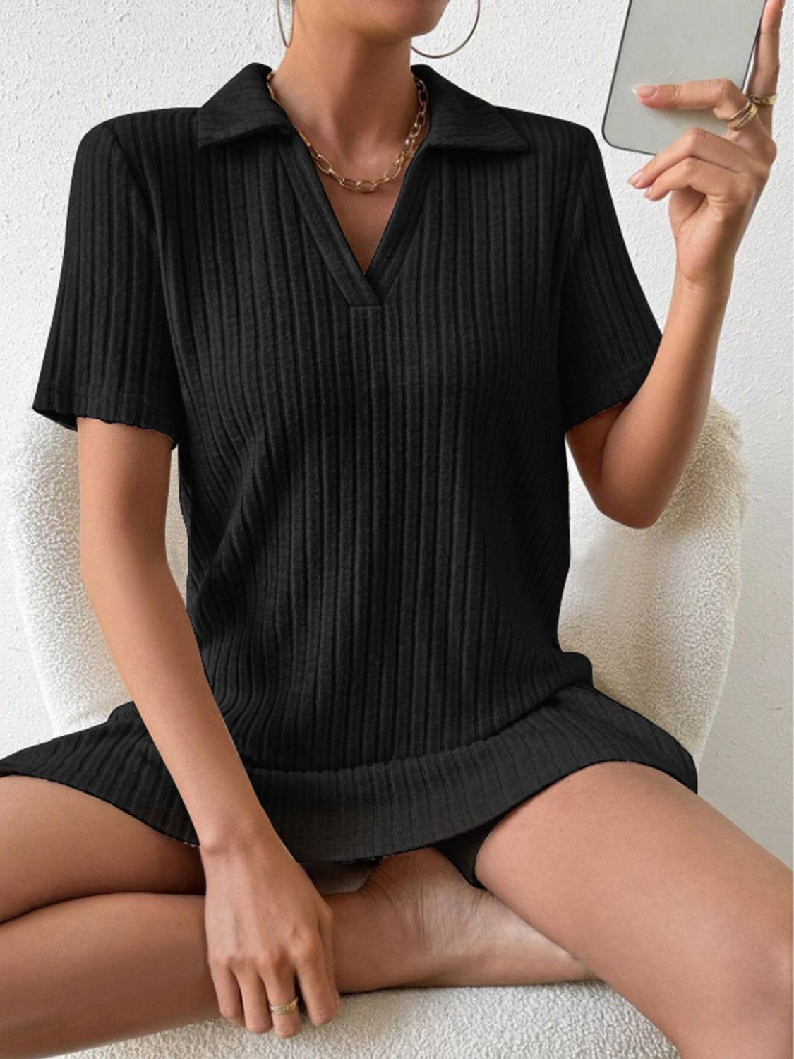 Johnny Collar Short Sleeve Top and Shorts Set - Clothes For Her Online Store
