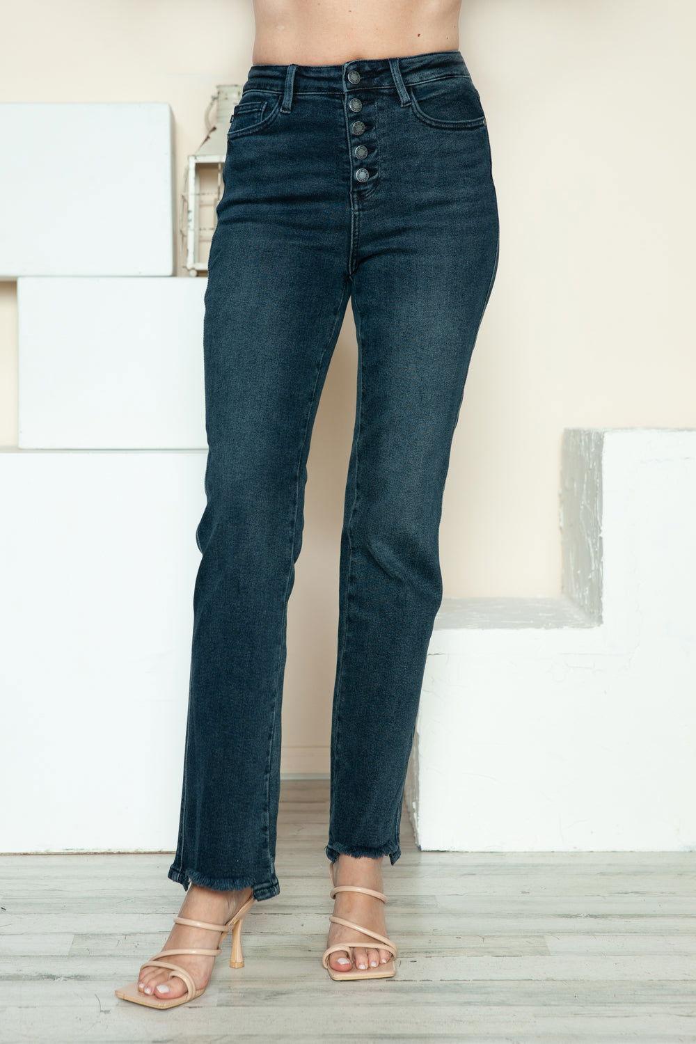 Judy Blue Full Size Button Fly Hem Destroy Straight Jeans - Clothes For Her Online Store