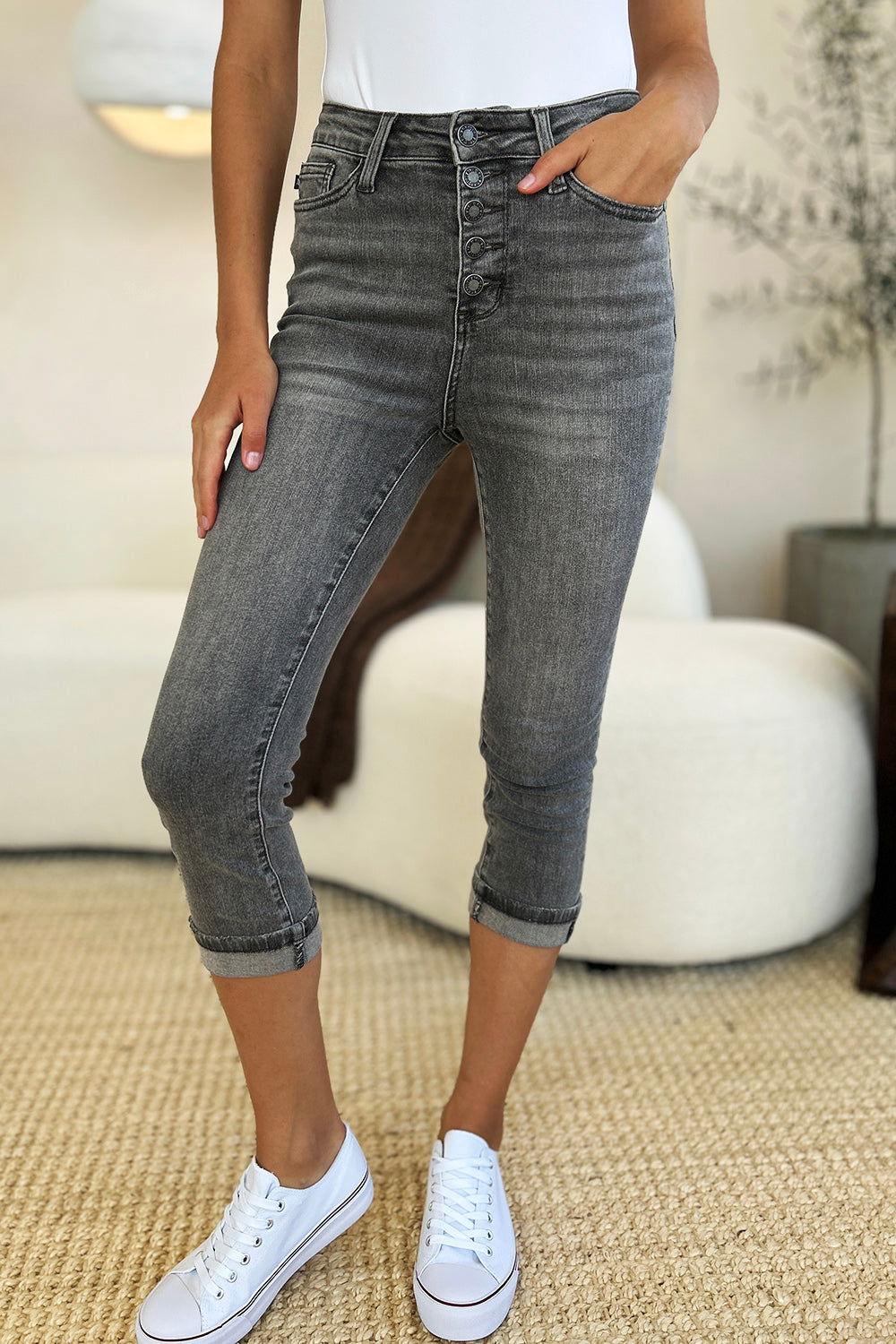 Judy Blue Full Size Button Fly High Waist Cuffed Capris - Clothes For Her Online Store
