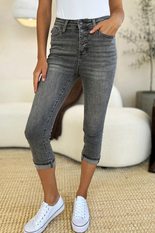Judy Blue Full Size Button Fly High Waist Cuffed Capris - Clothes For Her Online Store