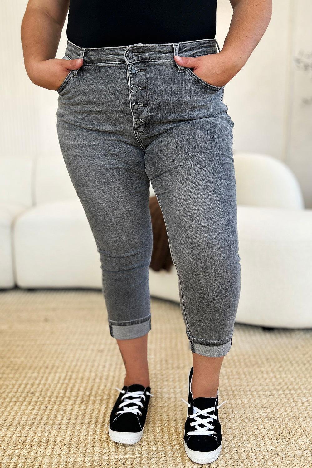 Judy Blue Full Size Button Fly High Waist Cuffed Capris - Clothes For Her Online Store
