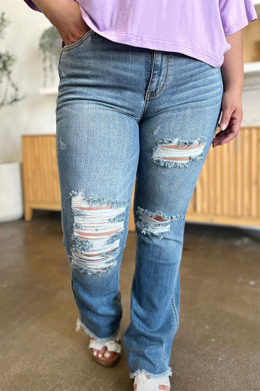 Judy Blue Full Size Distressed Raw Hem Bootcut Jeans - Clothes For Her Online Store