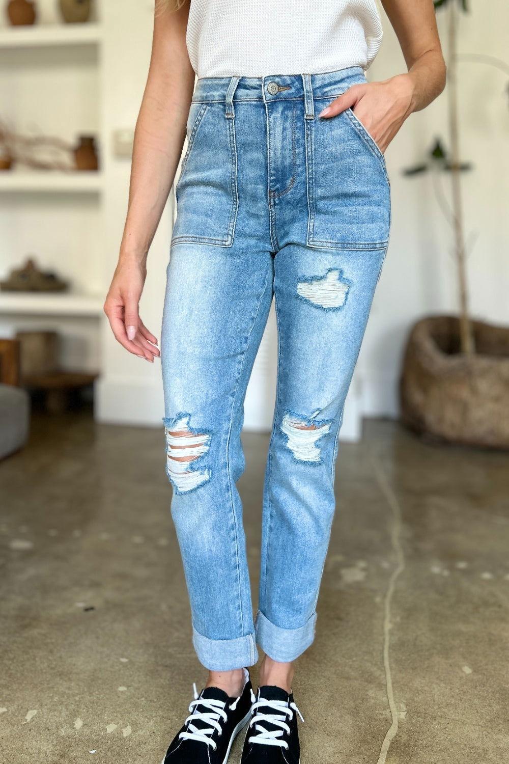 Judy Blue Full Size Distressed Straight Jeans with Patch Pockets - Clothes For Her Online Store