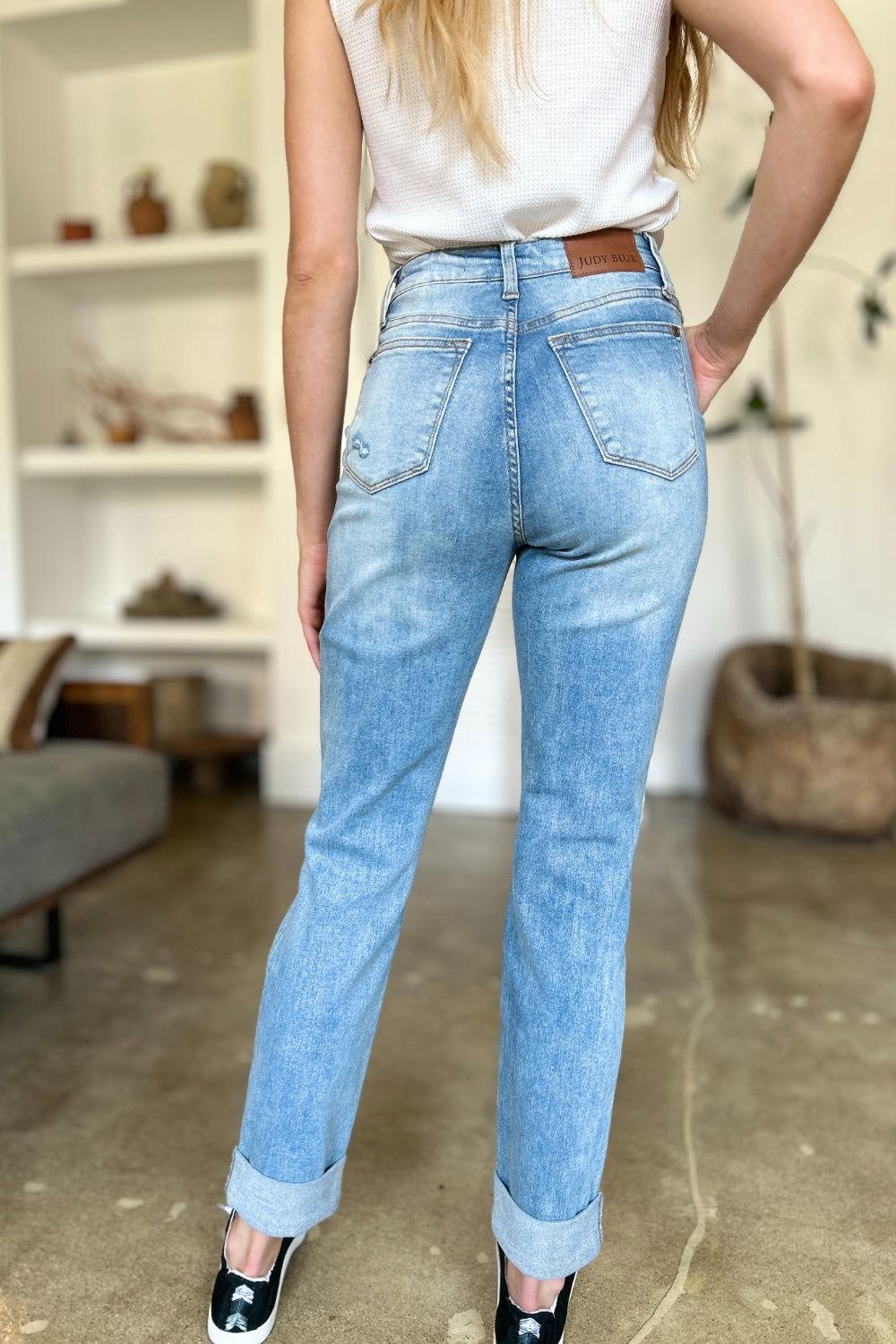 Judy Blue Full Size Distressed Straight Jeans with Patch Pockets - Clothes For Her Online Store