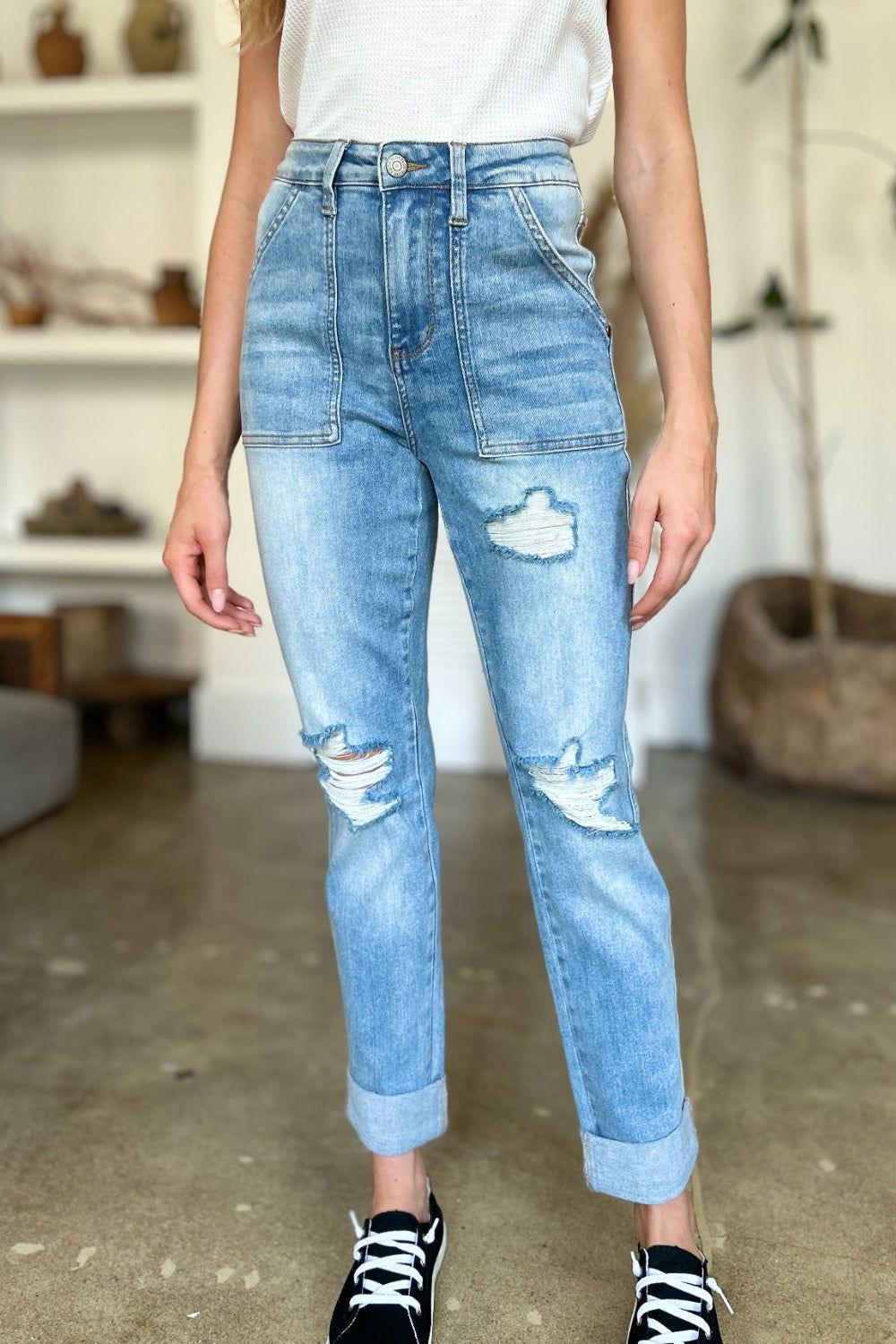 Judy Blue Full Size Distressed Straight Jeans with Patch Pockets - Clothes For Her Online Store