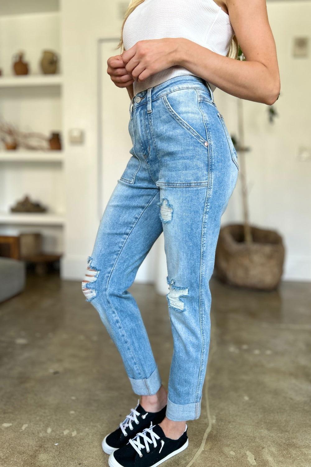 Judy Blue Full Size Distressed Straight Jeans with Patch Pockets - Clothes For Her Online Store