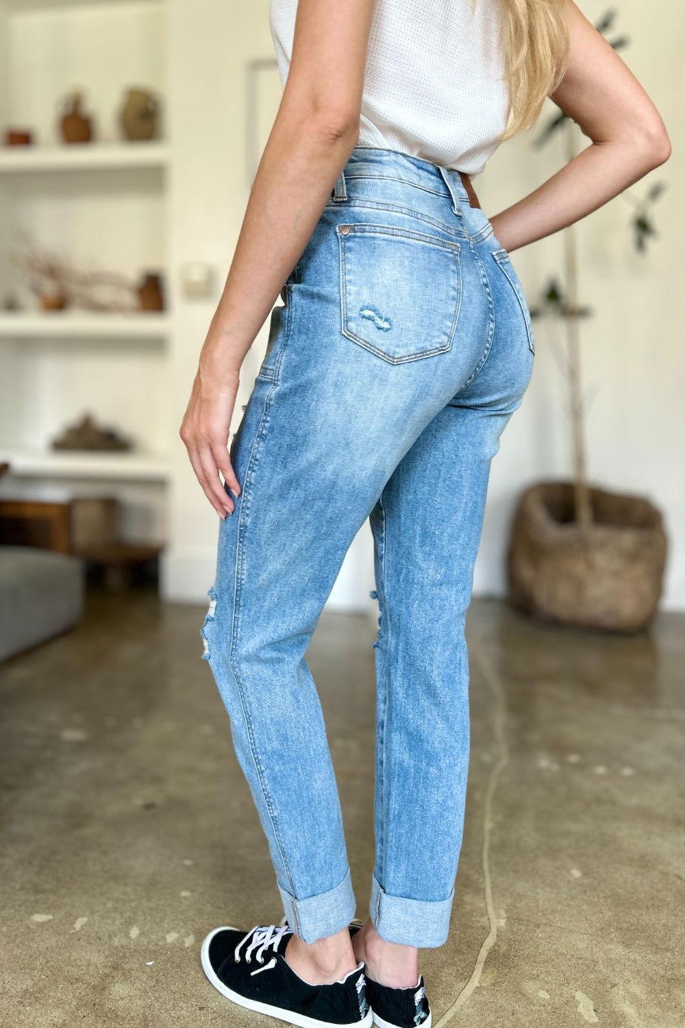 Judy Blue Full Size Distressed Straight Jeans with Patch Pockets - Clothes For Her Online Store