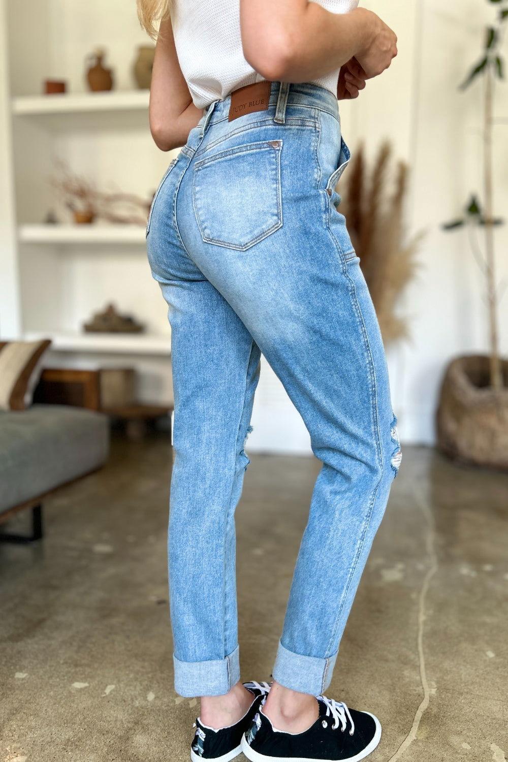 Judy Blue Full Size Distressed Straight Jeans with Patch Pockets - Clothes For Her Online Store
