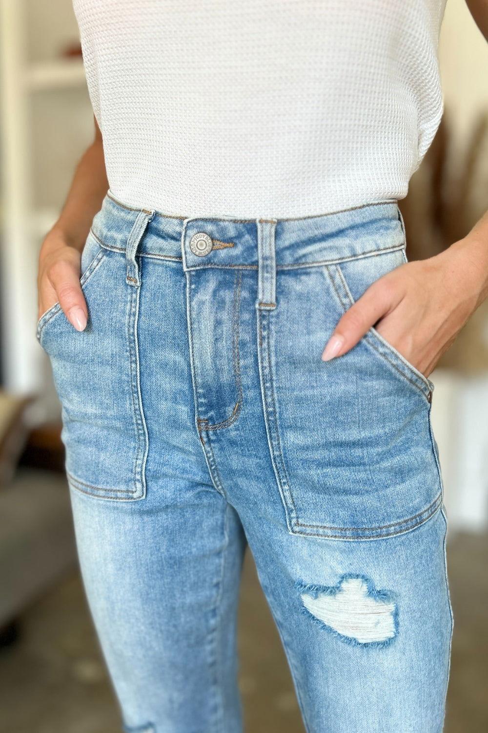 Judy Blue Full Size Distressed Straight Jeans with Patch Pockets - Clothes For Her Online Store