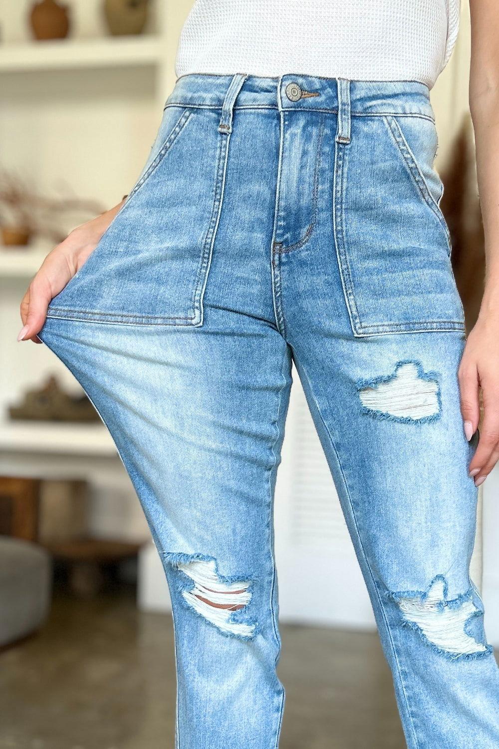Judy Blue Full Size Distressed Straight Jeans with Patch Pockets - Clothes For Her Online Store