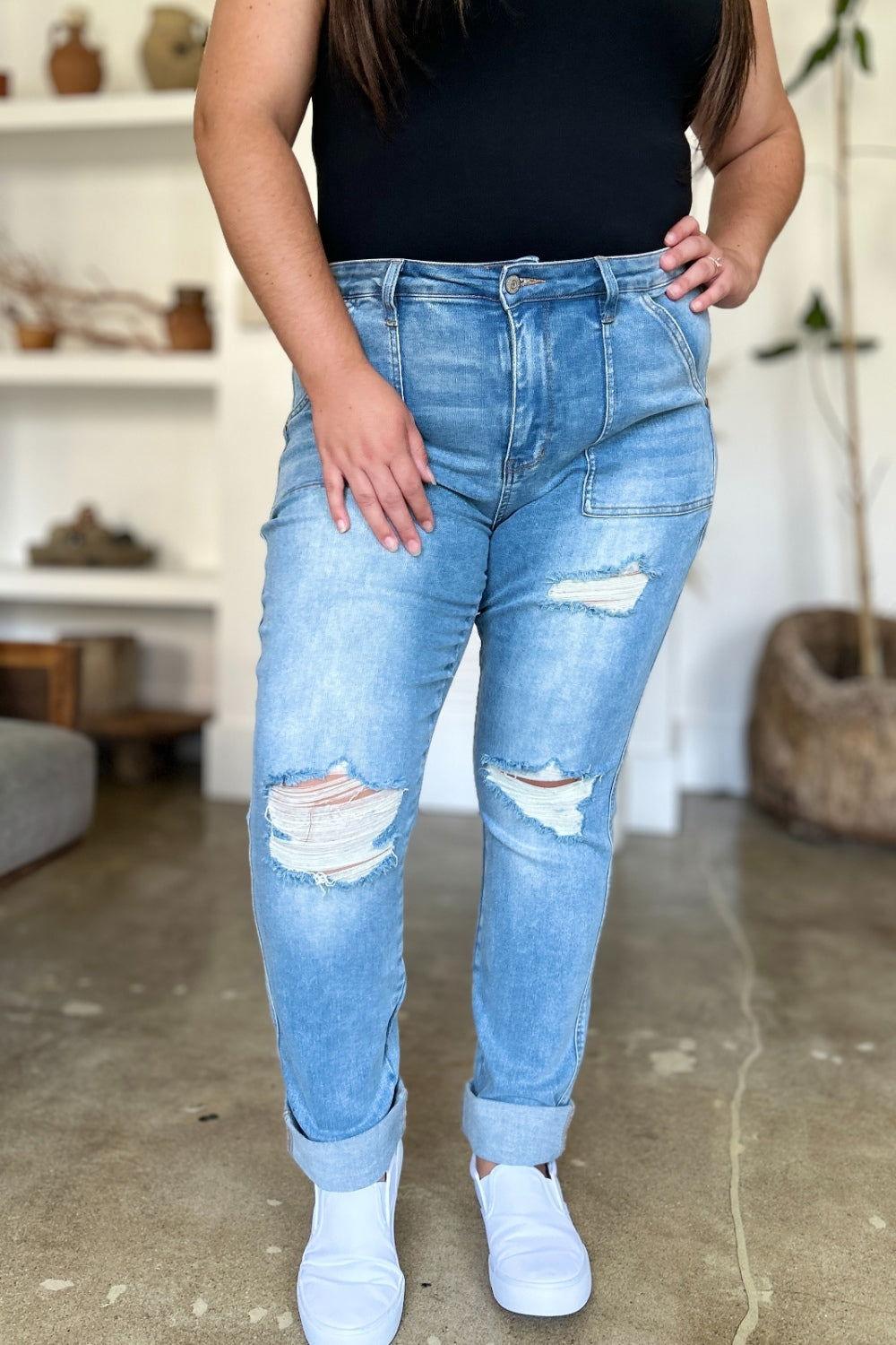 Judy Blue Full Size Distressed Straight Jeans with Patch Pockets - Clothes For Her Online Store