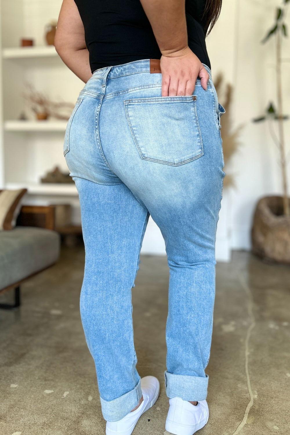 Judy Blue Full Size Distressed Straight Jeans with Patch Pockets - Clothes For Her Online Store
