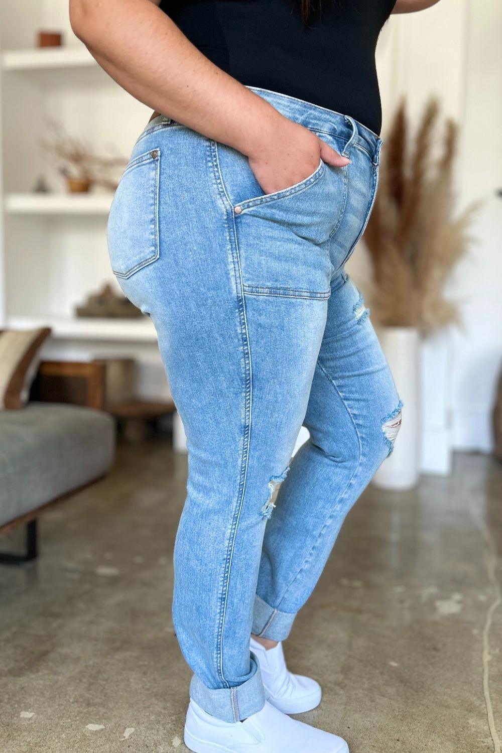 Judy Blue Full Size Distressed Straight Jeans with Patch Pockets - Clothes For Her Online Store