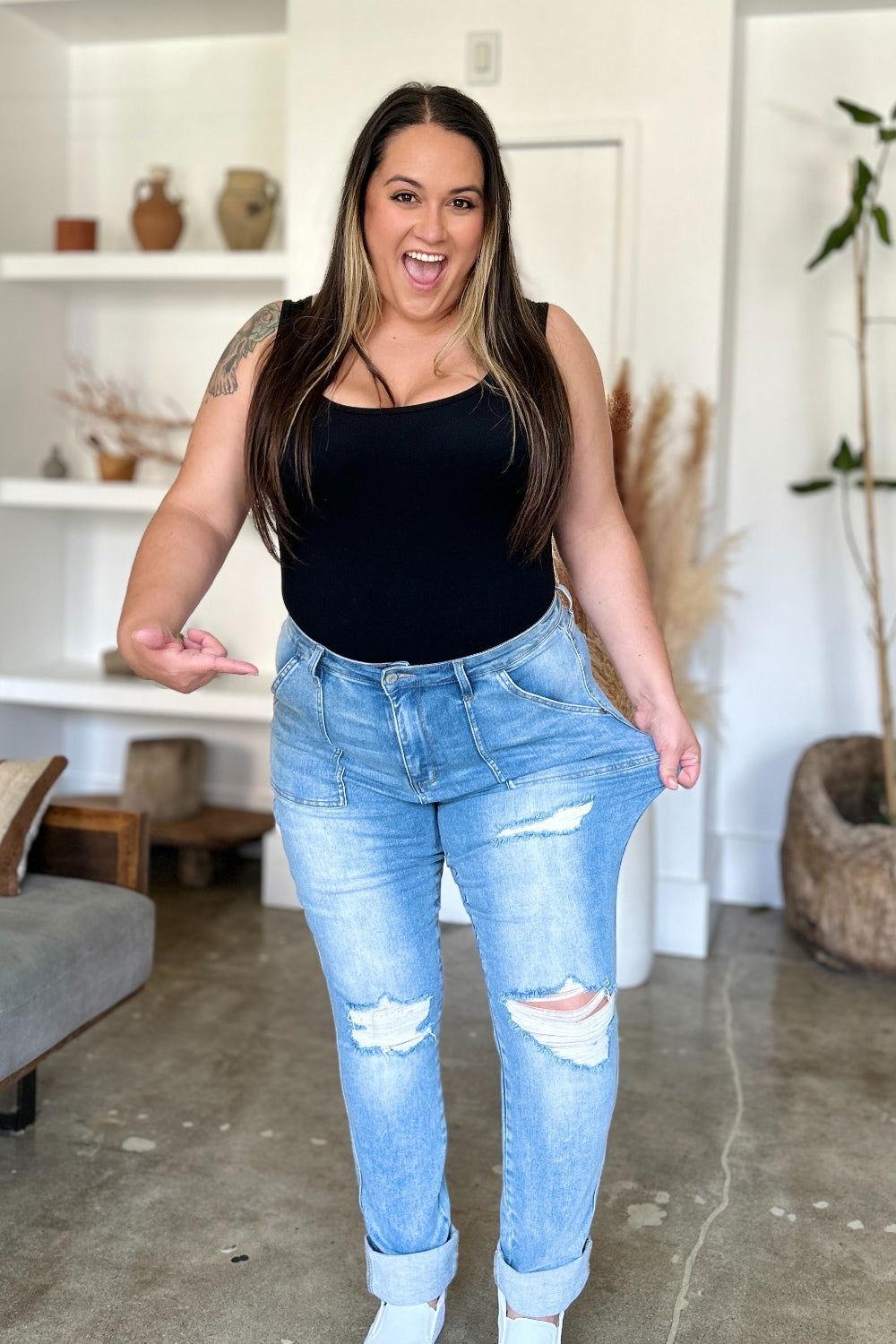 Judy Blue Full Size Distressed Straight Jeans with Patch Pockets - Clothes For Her Online Store