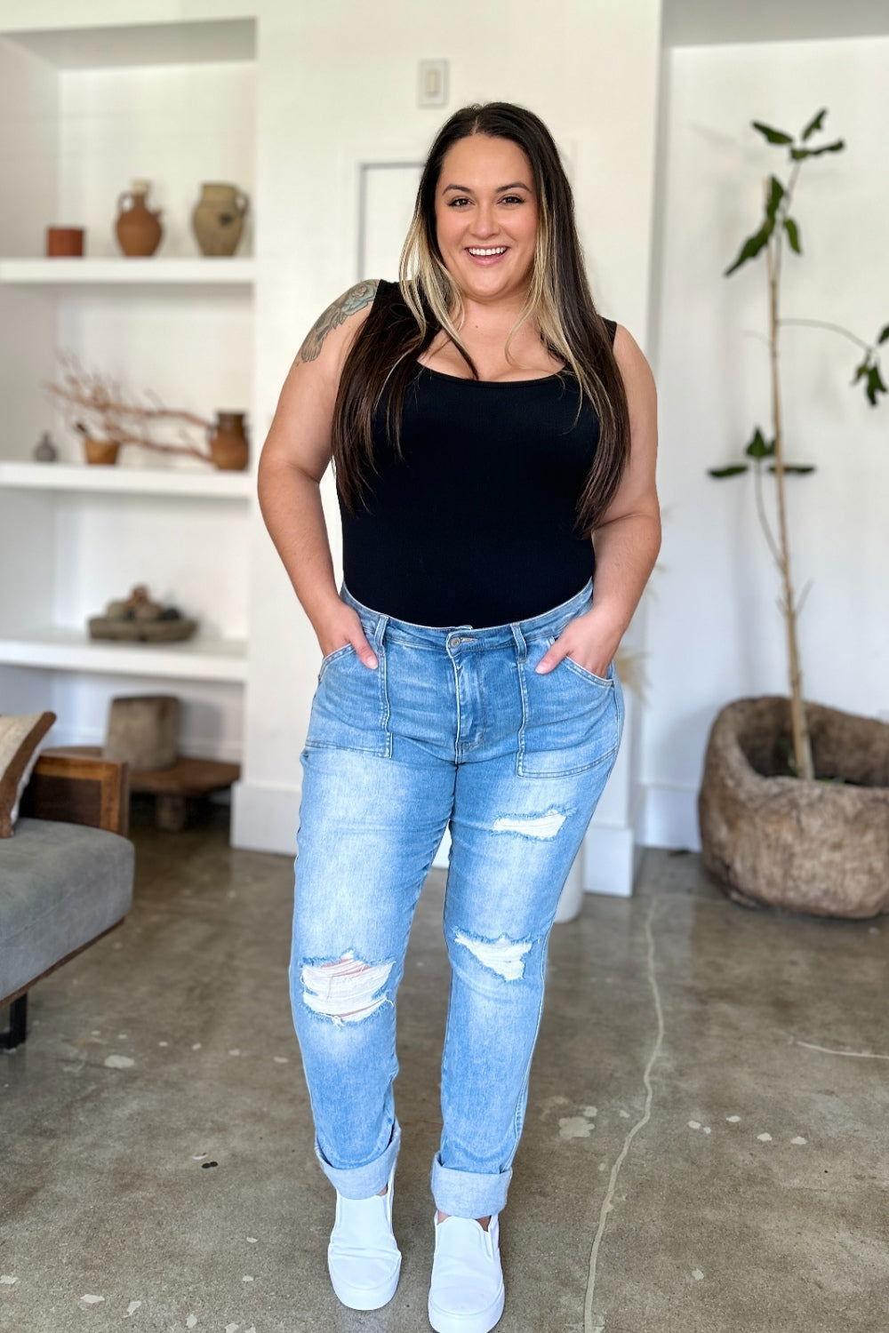 Judy Blue Full Size Distressed Straight Jeans with Patch Pockets - Clothes For Her Online Store