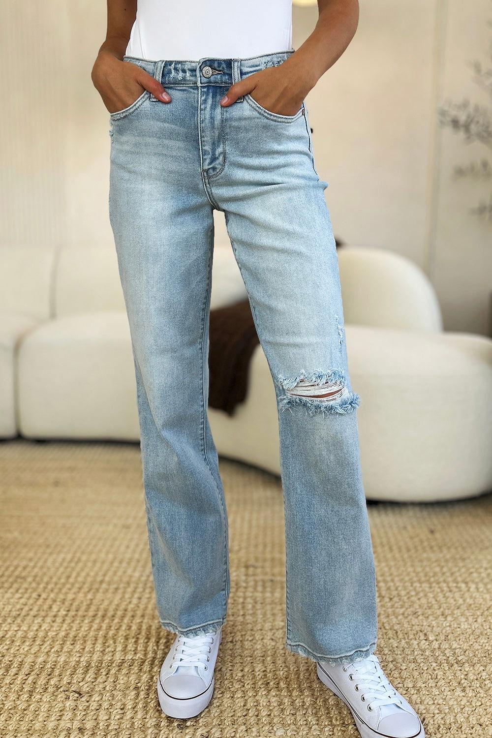 Judy Blue Full Size High Waist Distressed Straight Jeans - Clothes For Her Online Store