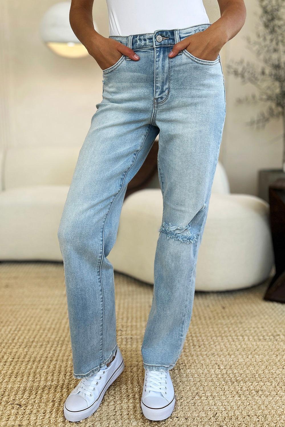 Judy Blue Full Size High Waist Distressed Straight Jeans - Clothes For Her Online Store