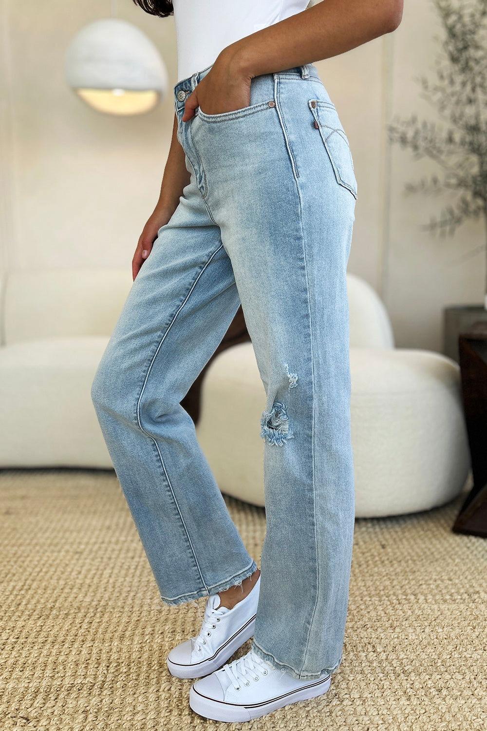 Judy Blue Full Size High Waist Distressed Straight Jeans - Clothes For Her Online Store