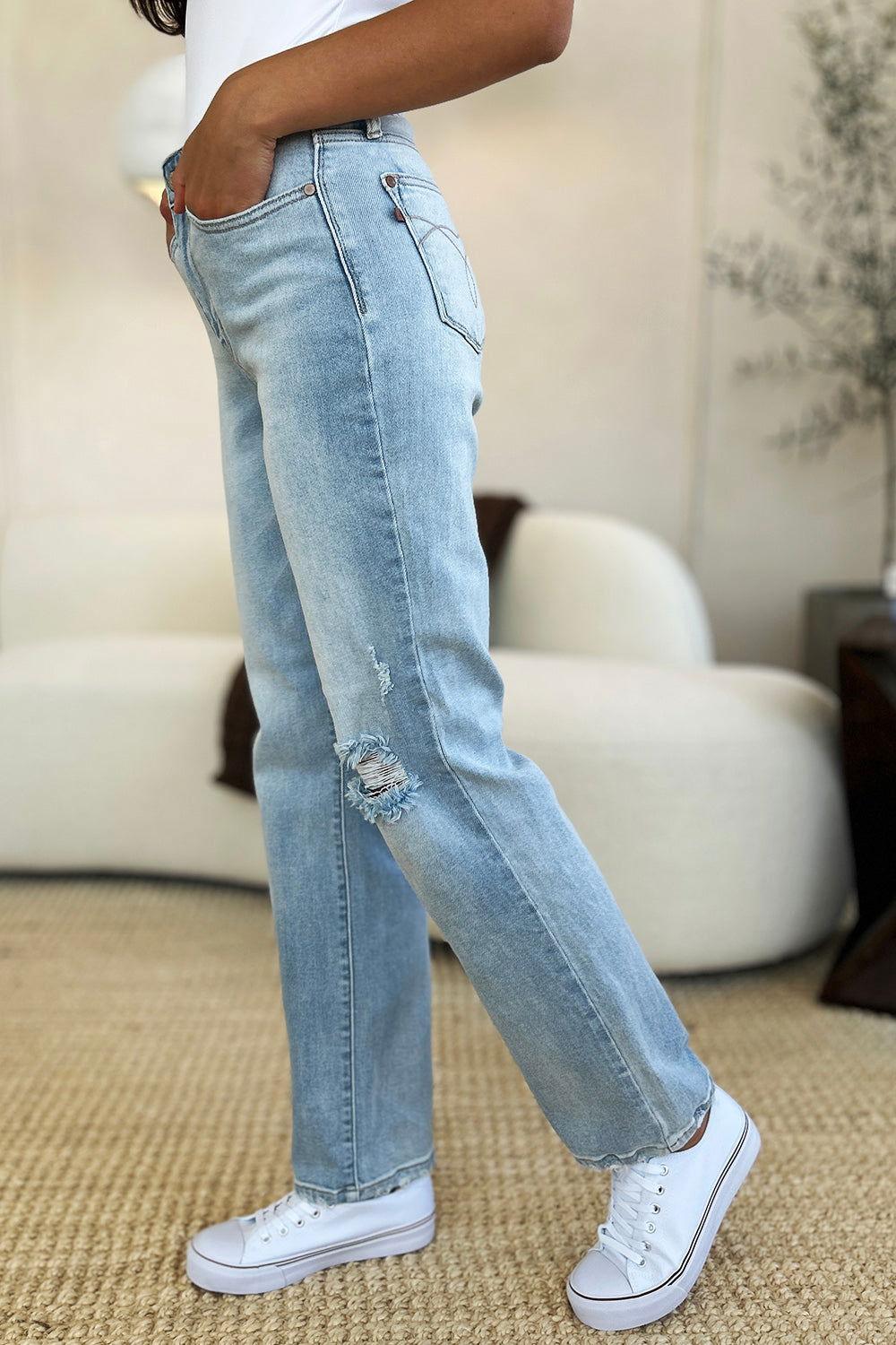 Judy Blue Full Size High Waist Distressed Straight Jeans - Clothes For Her Online Store