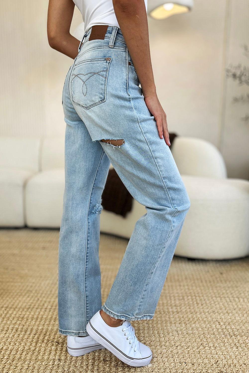 Judy Blue Full Size High Waist Distressed Straight Jeans - Clothes For Her Online Store