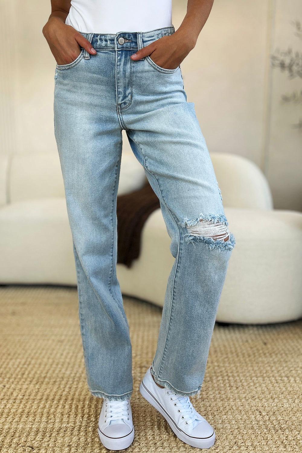 Judy Blue Full Size High Waist Distressed Straight Jeans - Clothes For Her Online Store