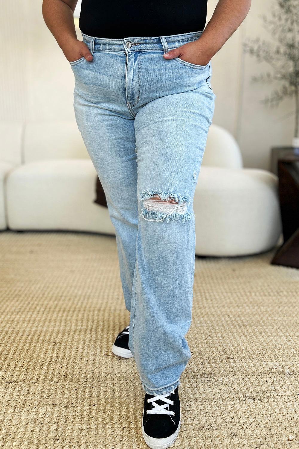 Judy Blue Full Size High Waist Distressed Straight Jeans - Clothes For Her Online Store