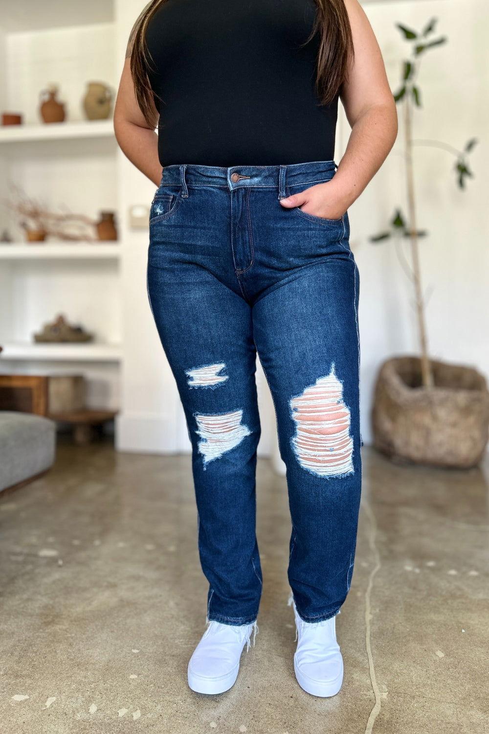 Judy Blue Full Size High Waist Rigid Magic Heavy Destroy Straight Jeans - Clothes For Her Online Store