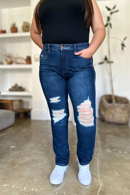 Judy Blue Full Size High Waist Rigid Magic Heavy Destroy Straight Jeans - Clothes For Her Online Store