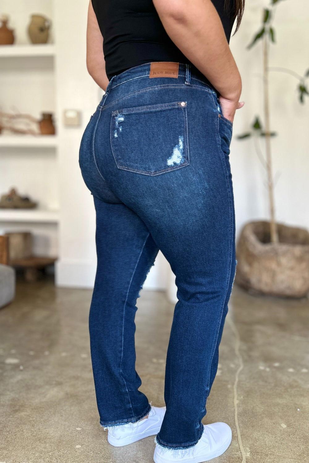 Judy Blue Full Size High Waist Rigid Magic Heavy Destroy Straight Jeans - Clothes For Her Online Store