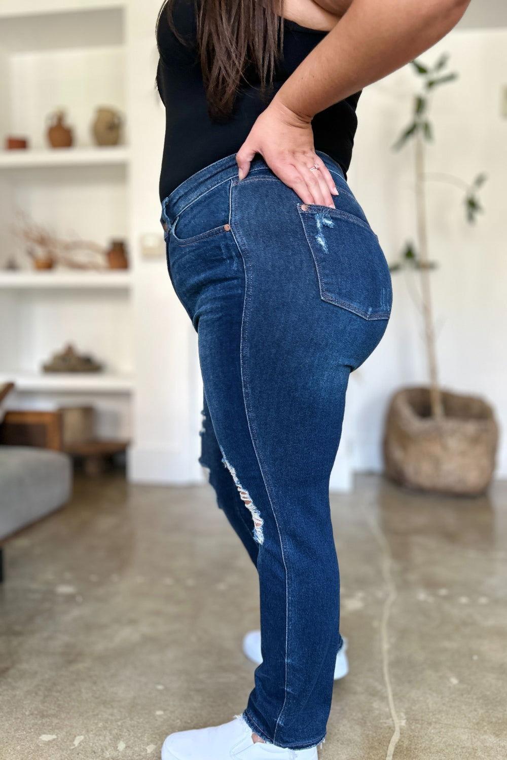 Judy Blue Full Size High Waist Rigid Magic Heavy Destroy Straight Jeans - Clothes For Her Online Store