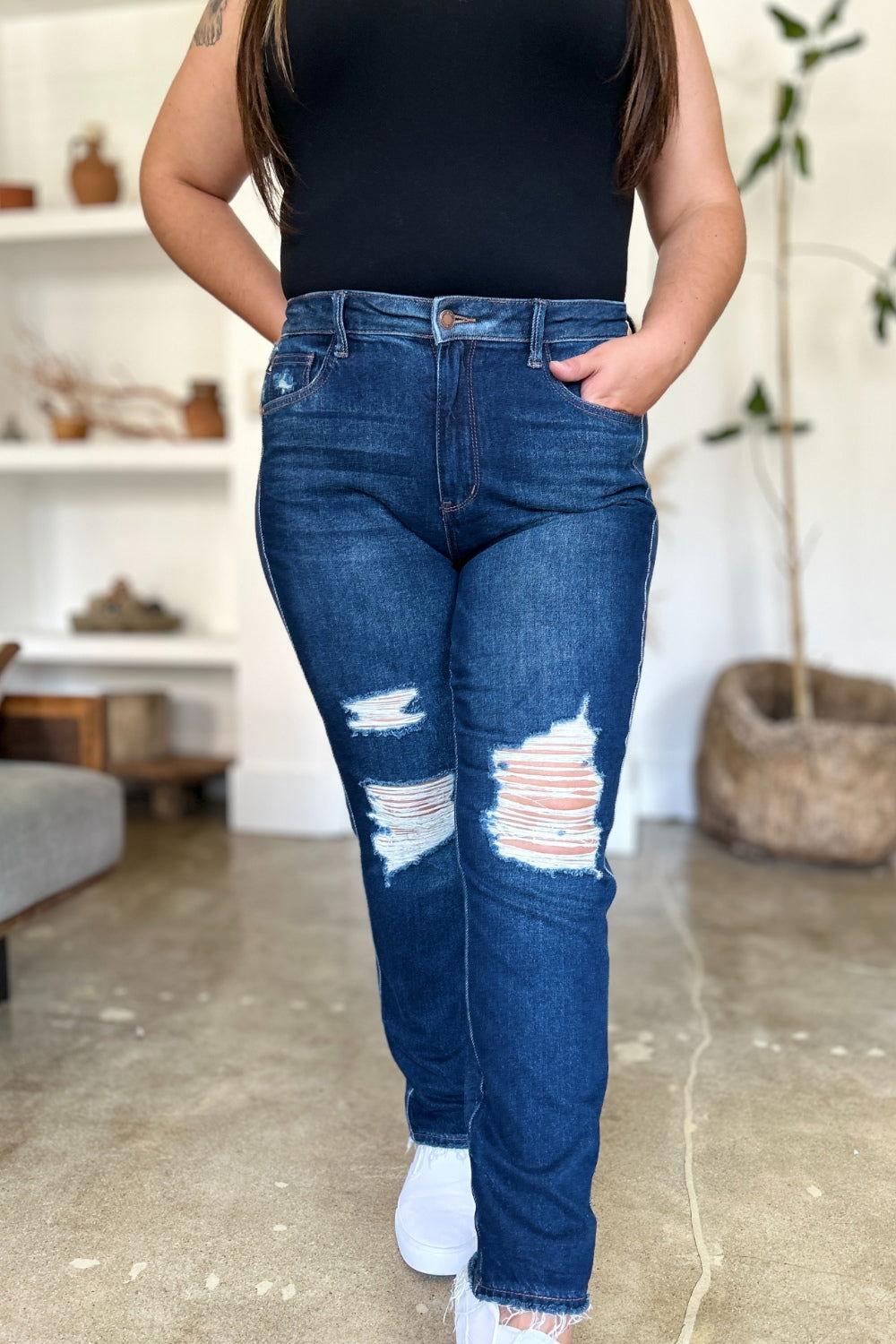 Judy Blue Full Size High Waist Rigid Magic Heavy Destroy Straight Jeans - Clothes For Her Online Store