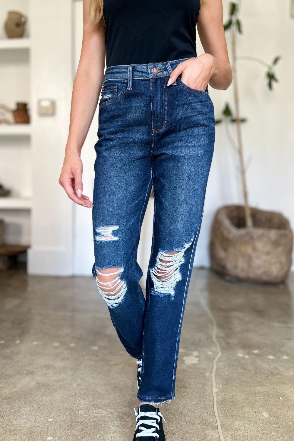Judy Blue Full Size High Waist Rigid Magic Heavy Destroy Straight Jeans - Clothes For Her Online Store