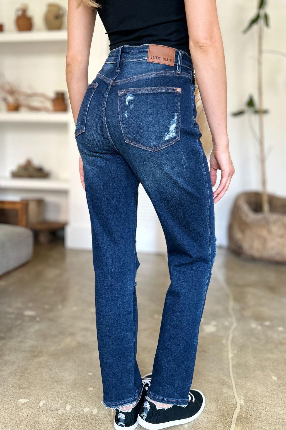 Judy Blue Full Size High Waist Rigid Magic Heavy Destroy Straight Jeans - Clothes For Her Online Store