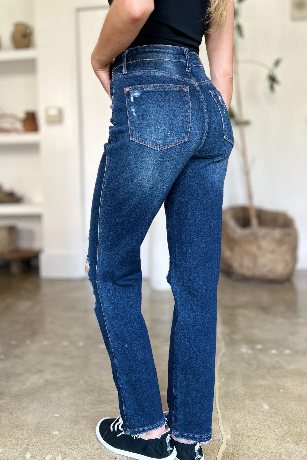 Judy Blue Full Size High Waist Rigid Magic Heavy Destroy Straight Jeans - Clothes For Her Online Store