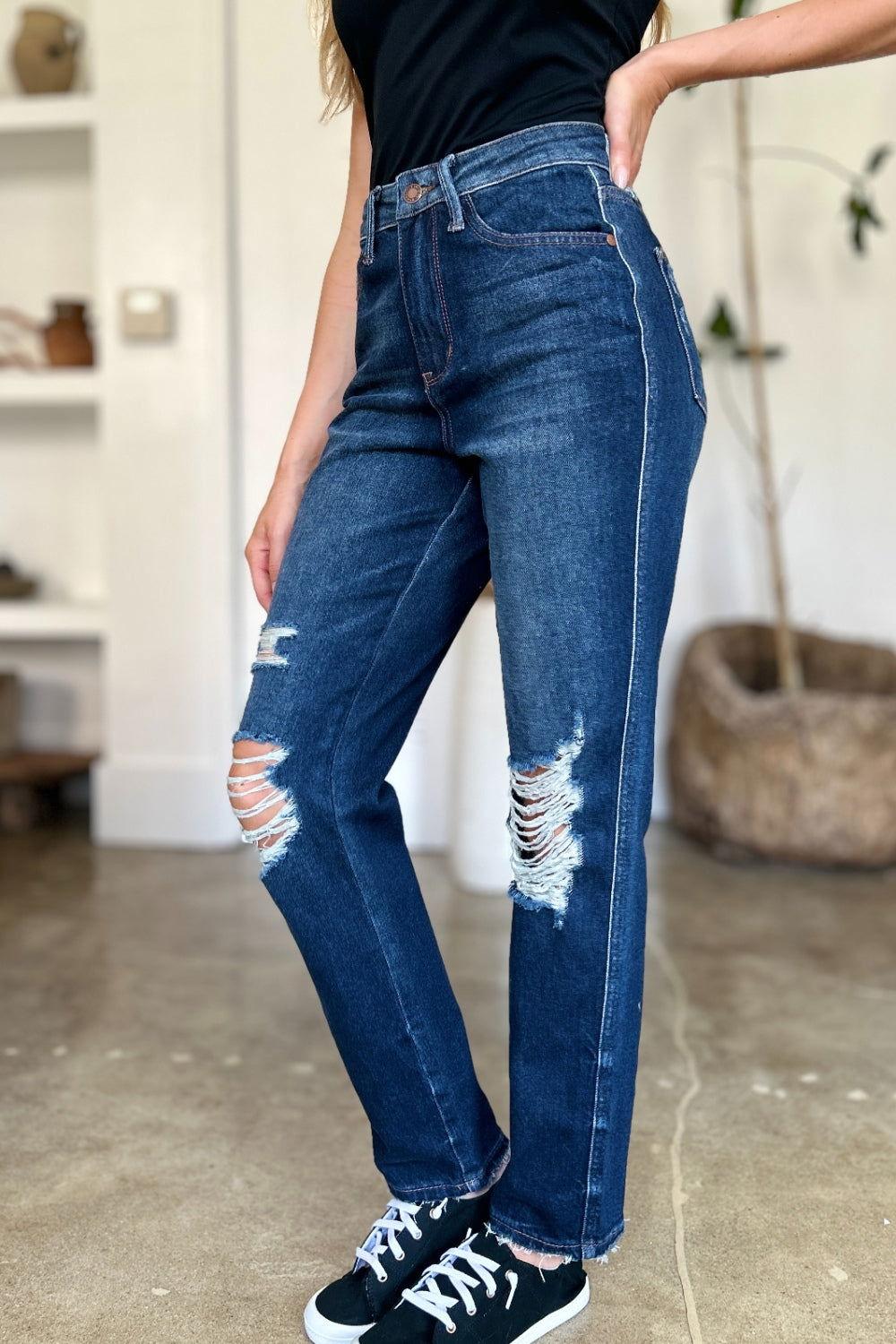 Judy Blue Full Size High Waist Rigid Magic Heavy Destroy Straight Jeans - Clothes For Her Online Store