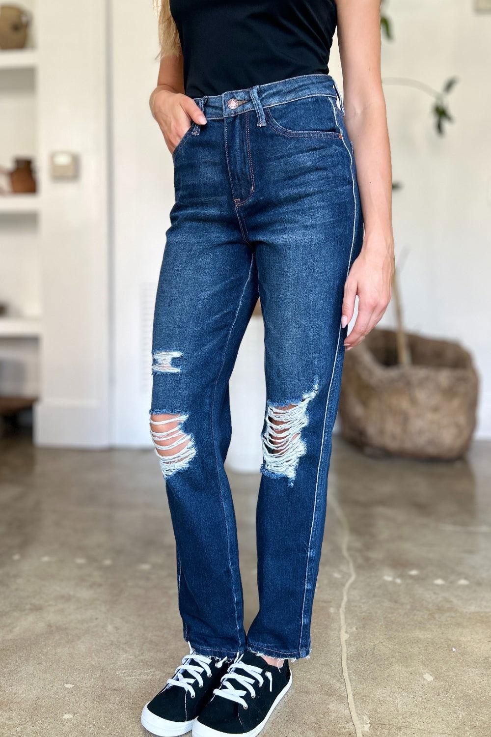 Judy Blue Full Size High Waist Rigid Magic Heavy Destroy Straight Jeans - Clothes For Her Online Store