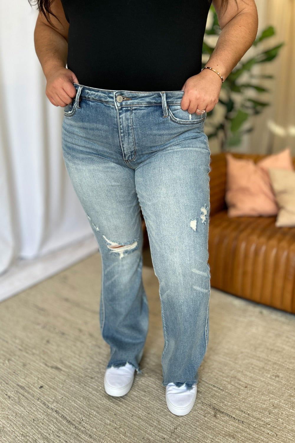 Judy Blue Full Size Medium Rise Tummy Control Destroy Flare - Clothes For Her Online Store