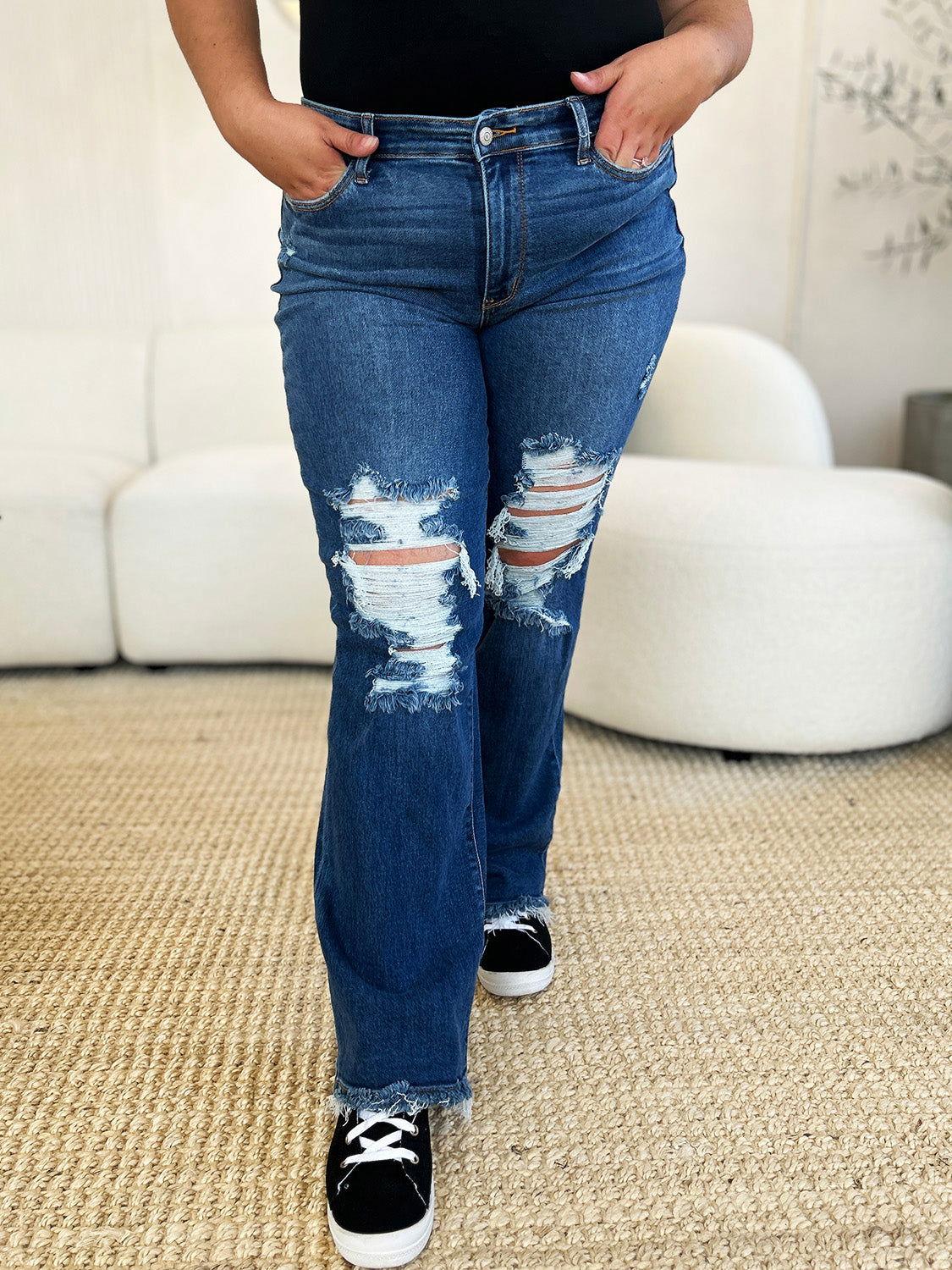 Judy Blue Full Size Mid Rise Distressed Raw Hem Jeans - Clothes For Her Online Store