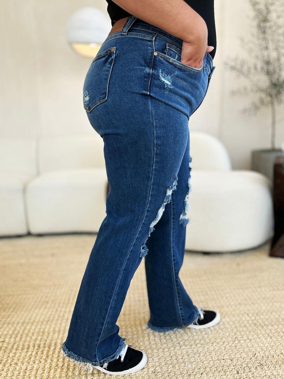 Judy Blue Full Size Mid Rise Distressed Raw Hem Jeans - Clothes For Her Online Store