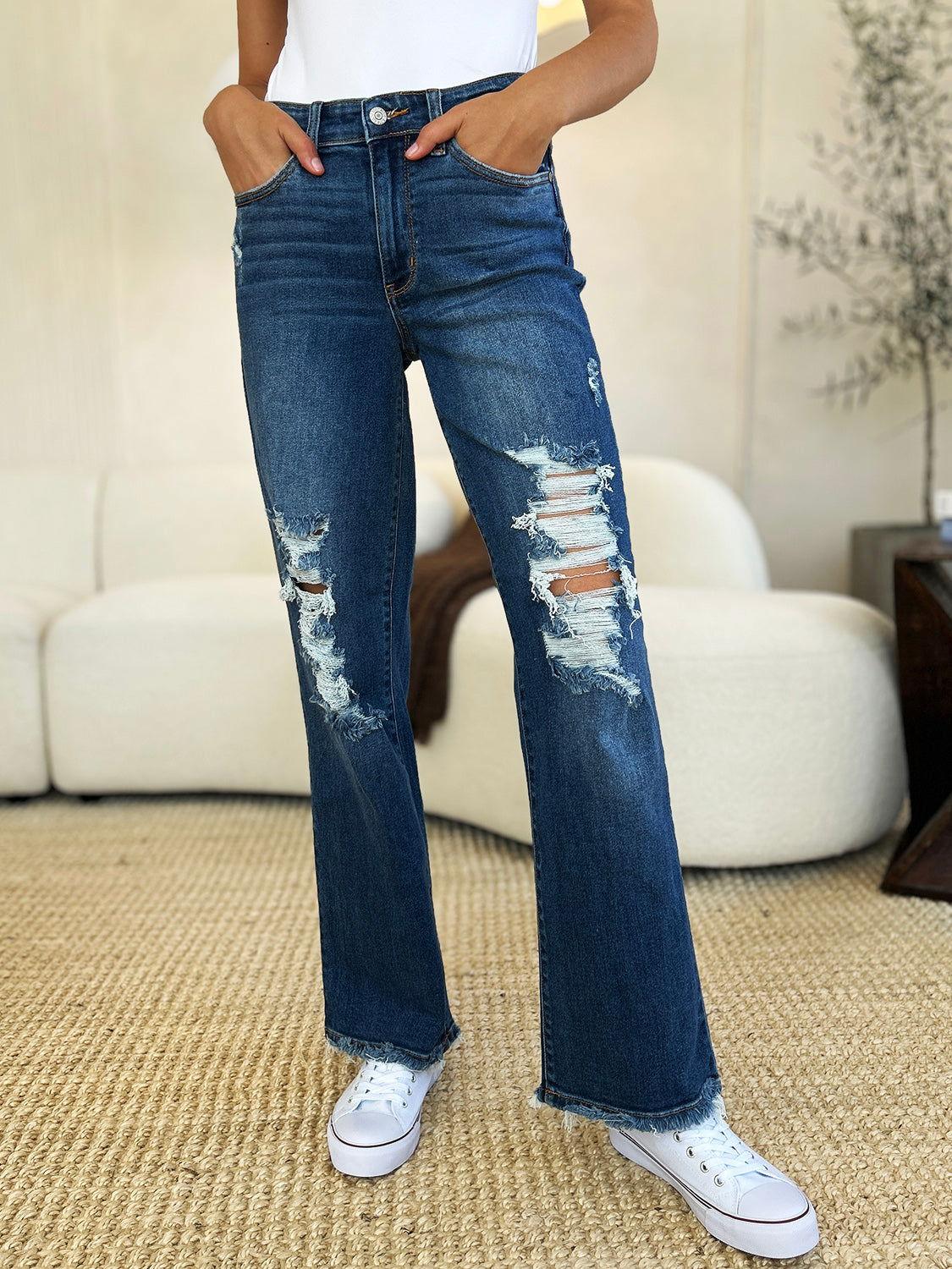 Judy Blue Full Size Mid Rise Distressed Raw Hem Jeans - Clothes For Her Online Store