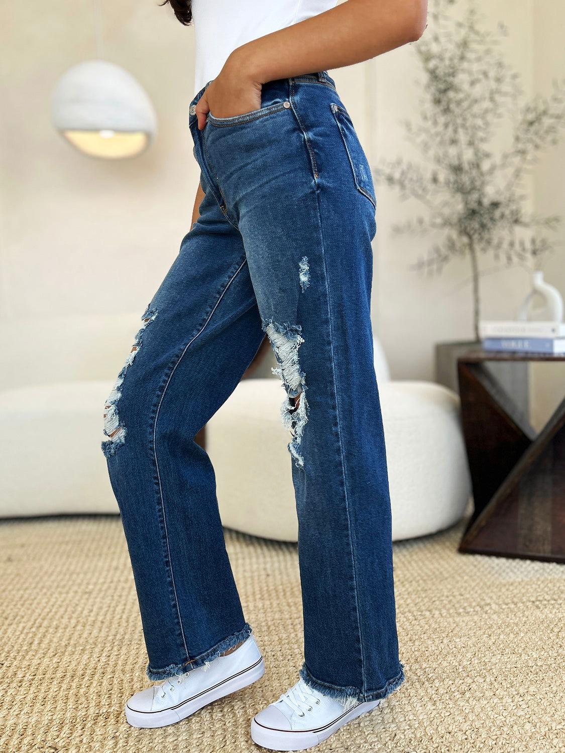 Judy Blue Full Size Mid Rise Distressed Raw Hem Jeans - Clothes For Her Online Store