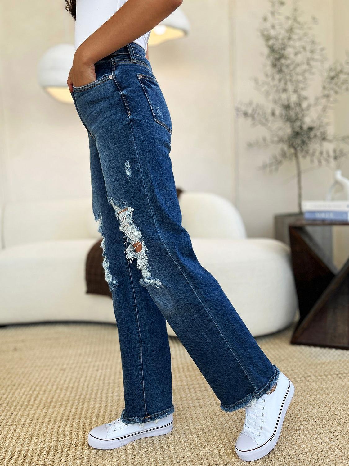 Judy Blue Full Size Mid Rise Distressed Raw Hem Jeans - Clothes For Her Online Store