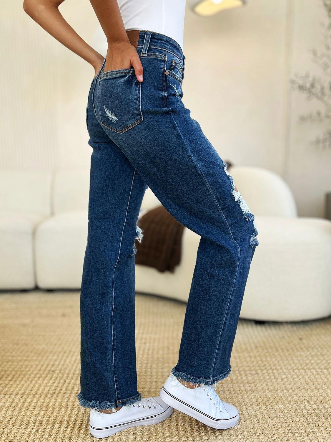 Judy Blue Full Size Mid Rise Distressed Raw Hem Jeans - Clothes For Her Online Store