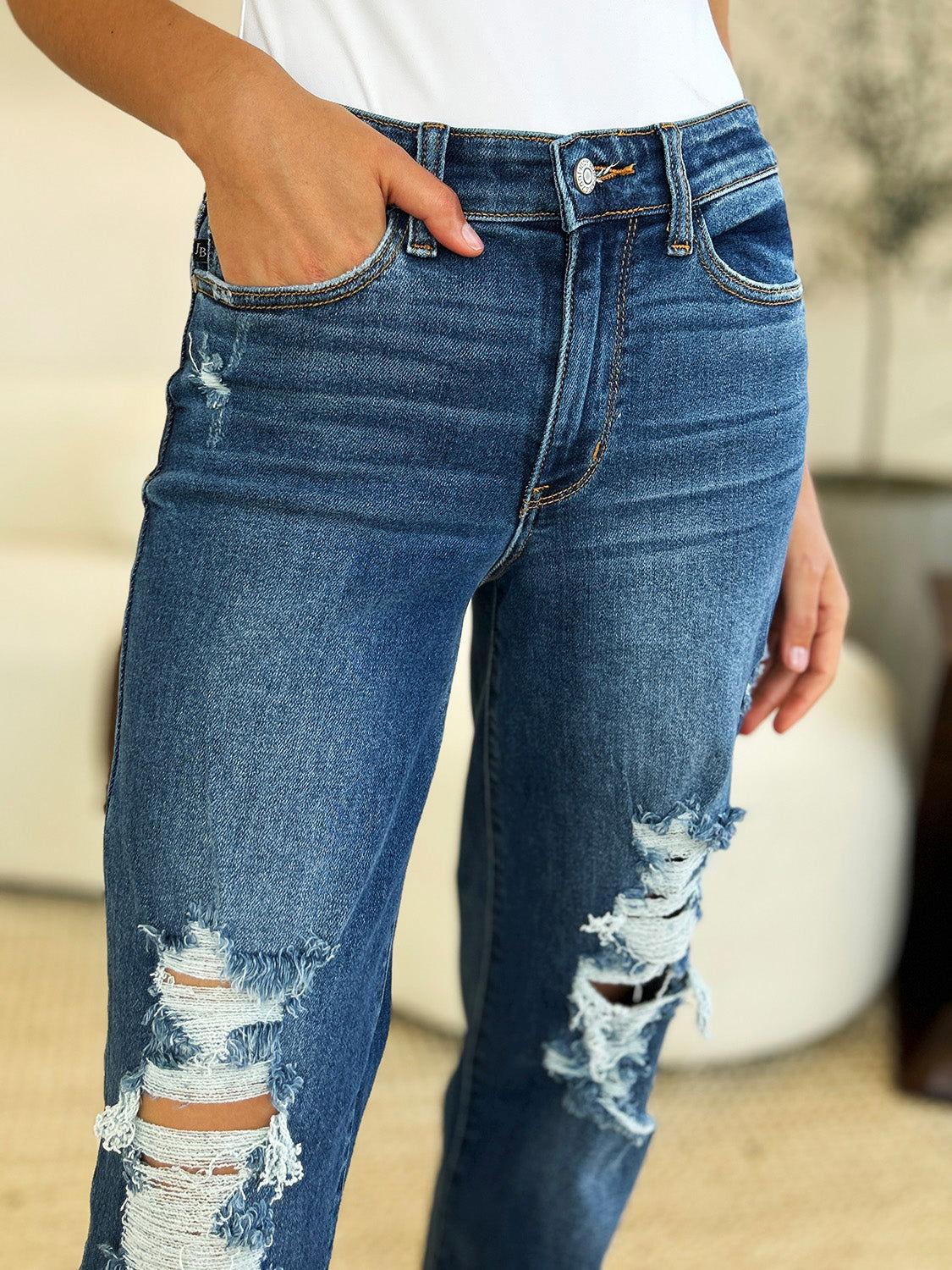 Judy Blue Full Size Mid Rise Distressed Raw Hem Jeans - Clothes For Her Online Store