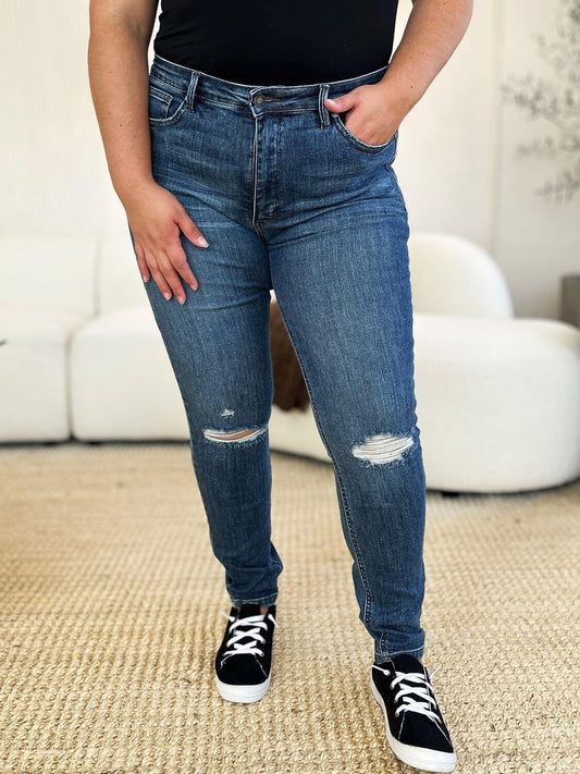 Judy Blue Full Size Mid Waist Distressed Slim Jeans - Clothes For Her Online Store