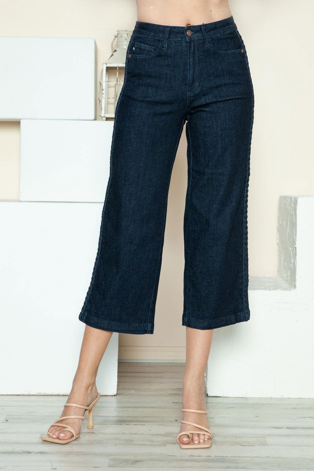Judy Blue Full Size Side Seam Braid Detail Crop Wide Leg Jeans - Clothes For Her Online Store